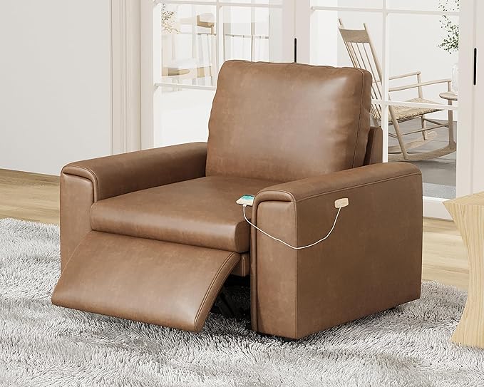 AMERLIFE 44” Power Recliner Chair with 8.5” Wide Armrests Single Electric Reclining Sofa with USB Charging Port Leather Recliner for Living Room Brown