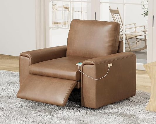 AMERLIFE 44” Power Recliner Chair with 8.5” Wide Armrests Single Electric Reclining Sofa with USB Charging Port Leather Recliner for Living Room Brown