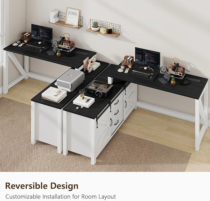 L Shaped Desk With Drawers Farmhouse Executive Wood Home Office With Power Outlet Rustic Reversible Computer With Storage Cabinet Double Sliding Barn Door and Adjustable Shelves