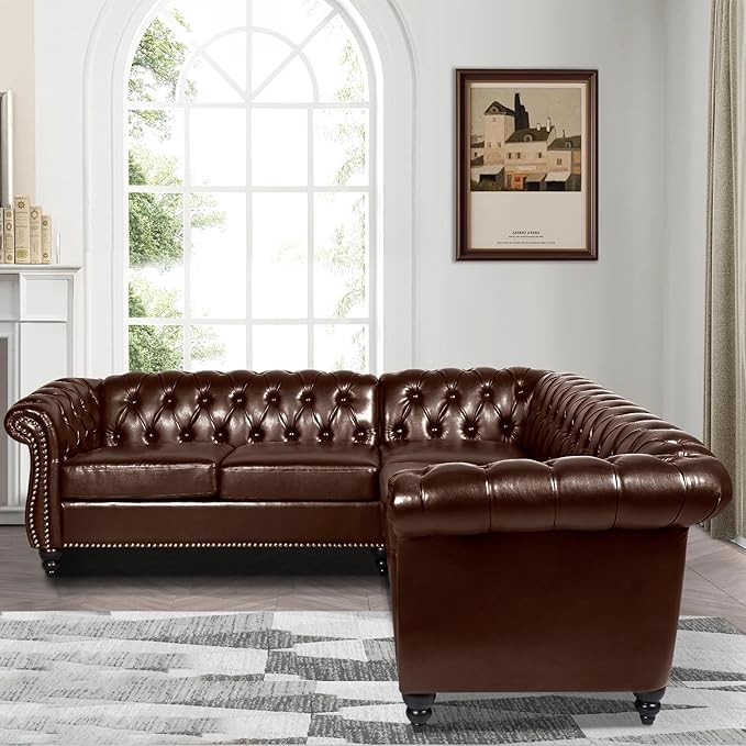 ORRD L Shaped Small Sectional Sofa Chesterfield Leather Couch Tufted Accent Sofa with Scroll Arms and Nailhead for Living Room Office (Dark Brown)
