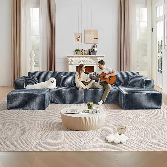 143.3'' Convertible Modular Sectional Couch Modern U-Shaped Floor Sofa with Movable Ottomans Comfy Corduroy Fabric Sofas No Assembly Free Combination Couches for Living Room ApartmentGrey