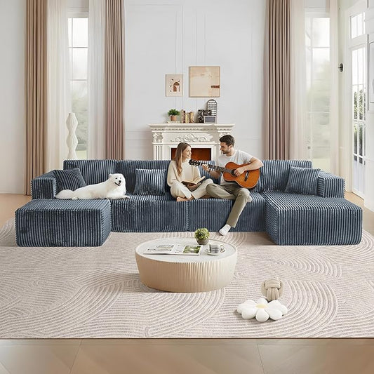 143.3'' Convertible Modular Sectional Couch Modern U-Shaped Floor Sofa with Movable Ottomans Comfy Corduroy Fabric Sofas No Assembly Free Combination Couches for Living Room ApartmentGrey