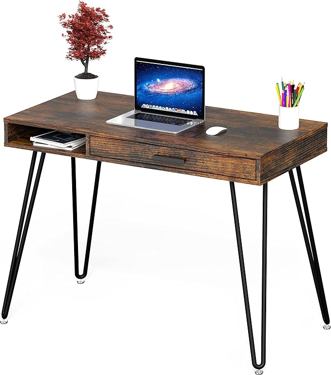 SHW Home Office Computer Hairpin Leg Desk with Drawer Rustic Brown