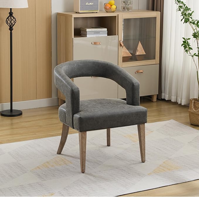 Modern Accent Chair Upholstered PU Leather Barrel Armchairs with Rubberwood Legs Comfy Lounge Arm Chair Hollow-Out Side Club Chair for Living Room Bedroom Office (Grey)