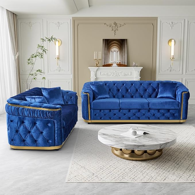 Velvet Couch Blue and Gold Sofa Luxury Loveseat 62.5 Mid Century Modern Chesterfield Sofa Couch for Living Room Tufted Sofas with 2 Pillows &amp Classic Golden Decor Blue