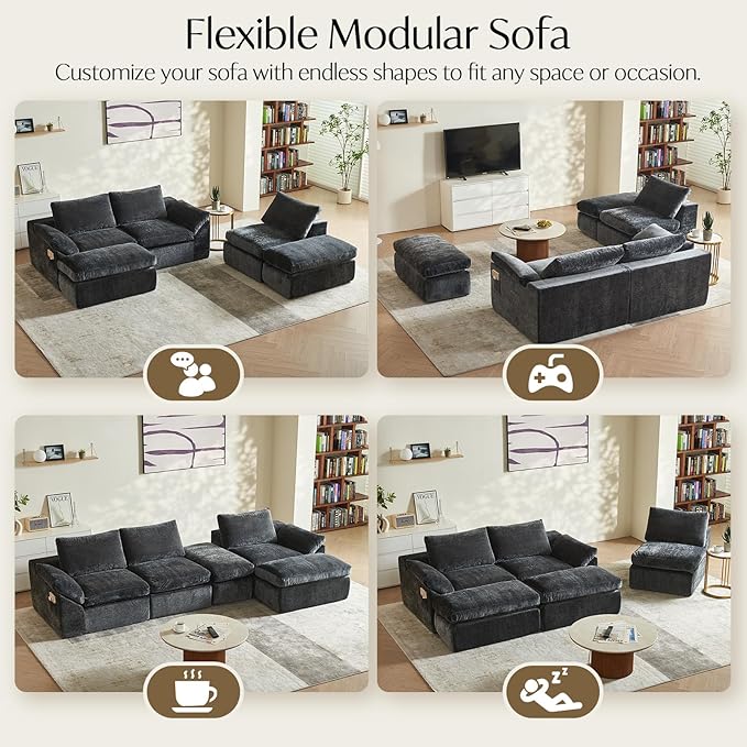 Vamcheer U Shaped Cloud Couch - Utra Soft Modular Sectional Sofa with 2 Movable Ottoman Deep Seat Boneless Couches for Living Room Bedroom Office No Assembly Required Grey