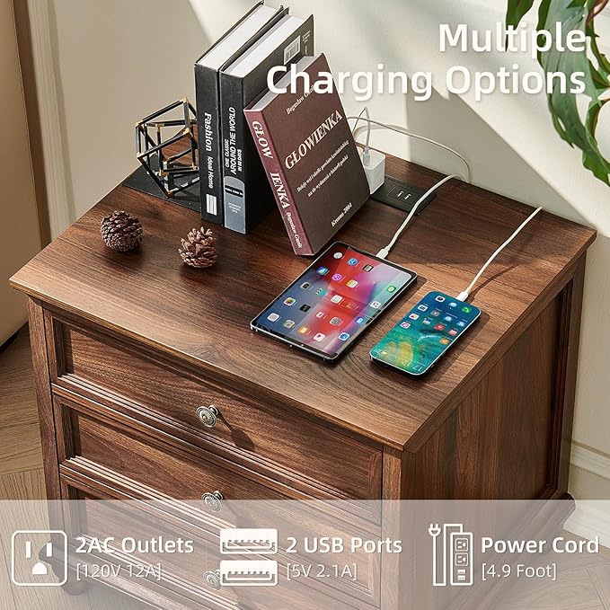 Farmhouse Nightstand with Charging Station 24 Wide End Table with 3 DrawersWood Dresser Cabinet for Bedroom Bed Side Table Chest of DrawersNight Stand for Living Room ClosetBrown