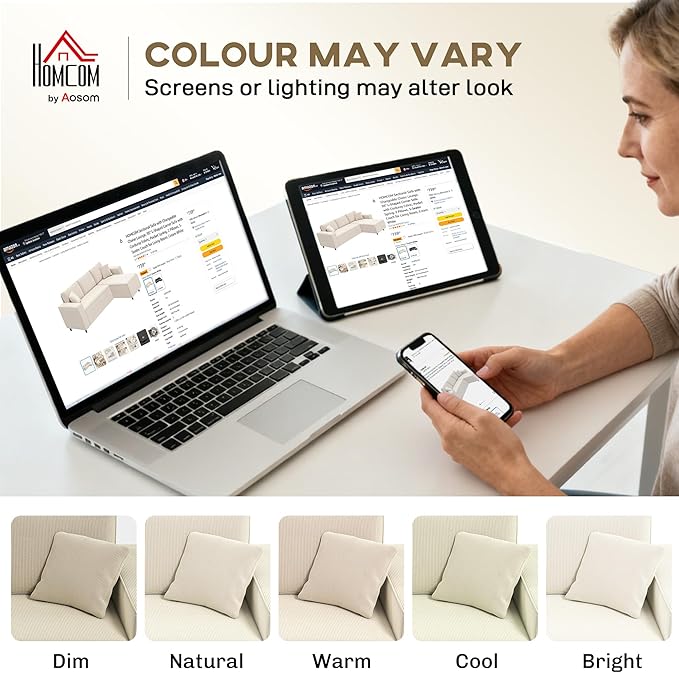 HOMCOM 95 Sectional Sofa with Reversible Chaise Lounge L-Shaped Corner Sofa with Corduroy Fabric Pocket Spring 2 Pillows Wide Arm Thick Padded 3 Seat Couch for Living Room Cream White
