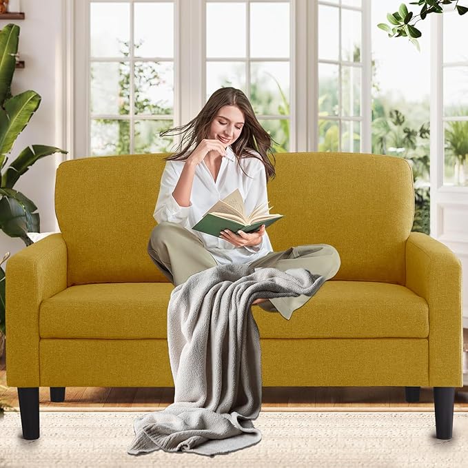 Flesser Loveseat Sofa 53 Small Couch Yellow Love Seat for Small Sapces Comfy Linen Fabric 2 Seater Couch for Bedroom Apartment Office All-Wood Couches Tool-Free