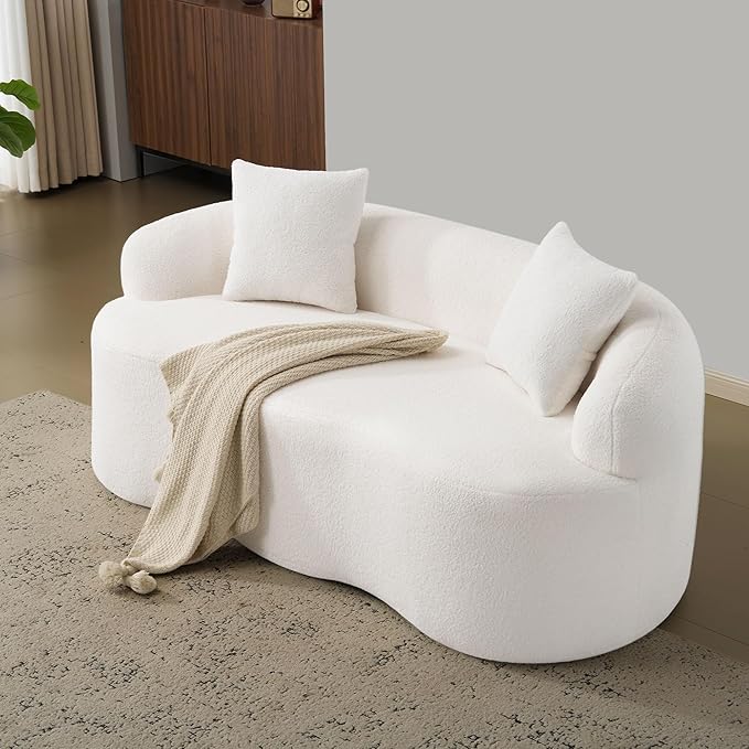66.93 Curved Loveseat 2 Seater Foam Sofa Plush Teddy Round Couch Cloud Sofa Deep Seat Love Seat with 2 Pillows Modern Boneless Compression No Assembly Comfy Small Couches for Small Spaces (White)