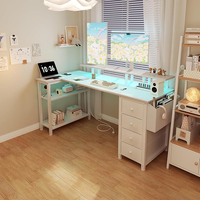 Lufeiya White L Shaped Computer Desk with Fabric Drawers 55 Inch Corner Home Office Desk with Monitor Stand Shelves Writing Study Gaming Desks with Led Lights and Power Outlets for Bedroom White