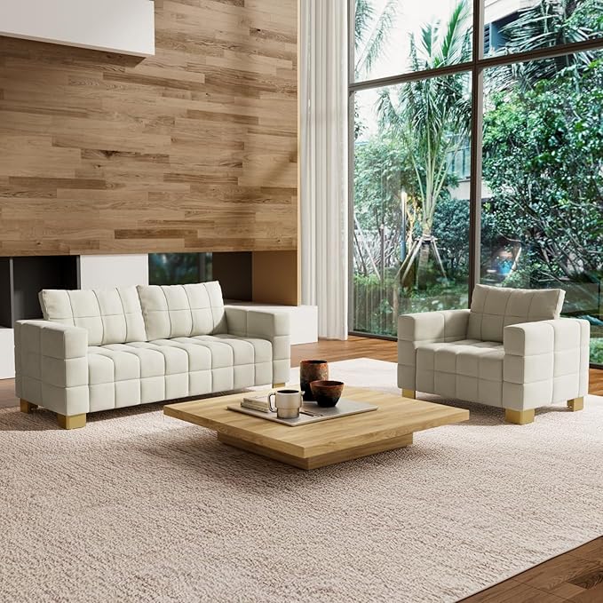 81.89 Sofa Comfy 3 Seat Sofa Tufted Chenille Upholstered Sofa Couch for Living Room with Gold Metal Legs and 2 Throw Pillows (BAIGE+1.5S)