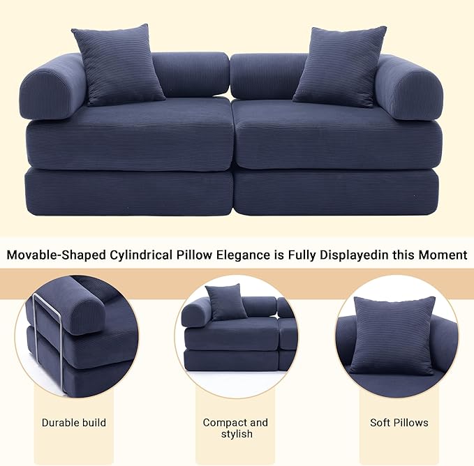 73 Convertible Sleeper Sofa Bed Corduroy Boneless Couch in a Box 4-in-1 Folding Mattress Loveseat Couch Comfy Modular Foldable Floor Sleeper Sofa with 2 Pillows and Fixed-Shape Frame (Blue 73)