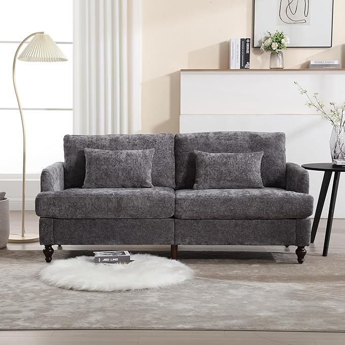 69” Modern Chenille Loveseat Sofa Couch Upholstered 2 Seat Love Seat Deep Seat Small Couch with 2 Pillows and Sturdy Wood Legs for Living Room Bedroom Apartment (Gray)