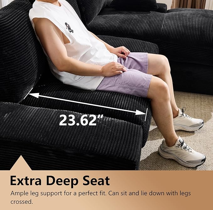 98.4 Black Sectional Sofa Cloud Modular Sectional Couch with ChaiseCorduroy Sectional Couches L-Shaped Modern Upholstered Sofa with Deep Seat for Living Room and BedroomNo Assembly Required(Black)