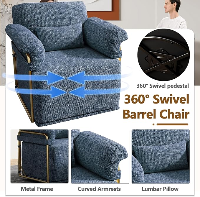 Swivel Accent Chairs 360 Swivel arm Chairs for Bedroom Club Chair with Back Gold Frame Tall Base for Office and Living Room (Blue)