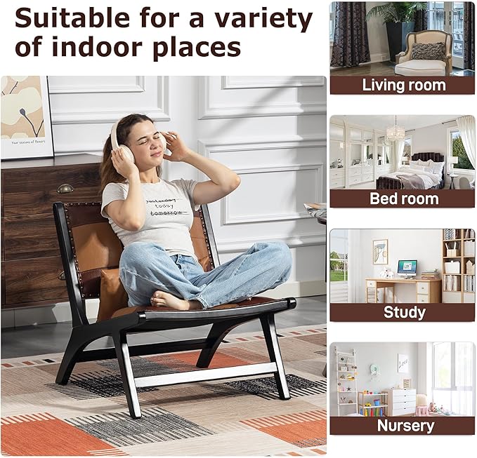 Modern Comfortable PU Leather Armless Mid-Century Style Lounge Armchair Brown Solid Wood Chair Floral Pattern Sofa Chair for Living Room/Office/Balcony/Bedroom (Brown Set of 1)