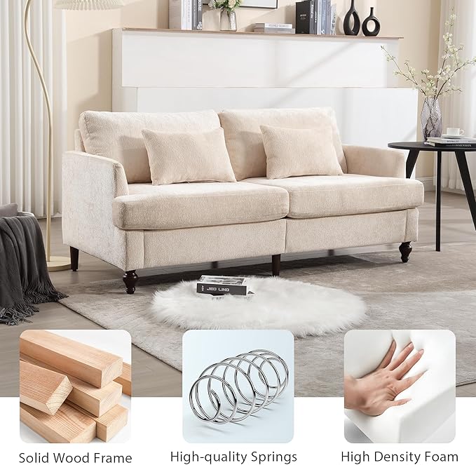 69” Modern Chenille Loveseat Sofa Couch Upholstered 2 Seat Love Seat Deep Seat Small Couch with 2 Pillows and Sturdy Wood Legs for Living Room Bedroom Apartment (Beige)