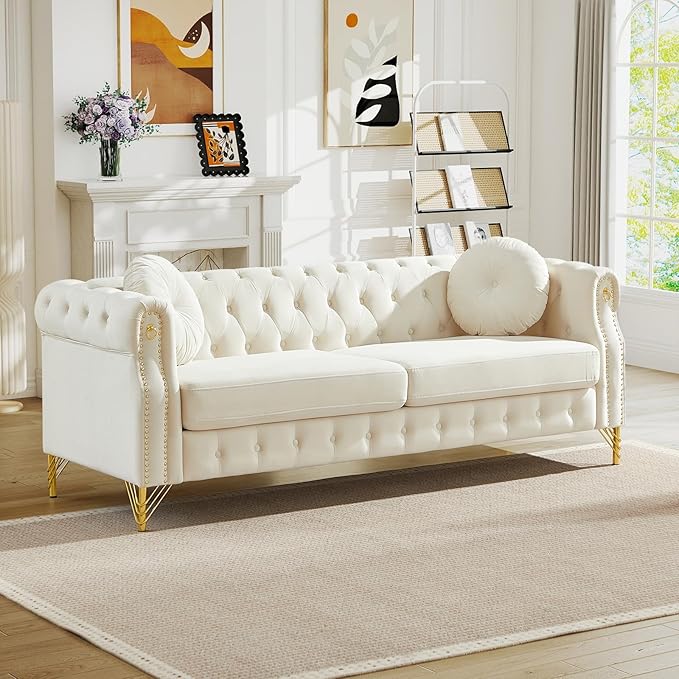 Antetek 82-inch 3-Seater Chesterfield Sofa Oversized Mid Century Modern Sofa Couch with Button Tufting &amp Rolled Arms Comfy Upholstered Velvet Deep Seat Couch for Living Room Office Beige