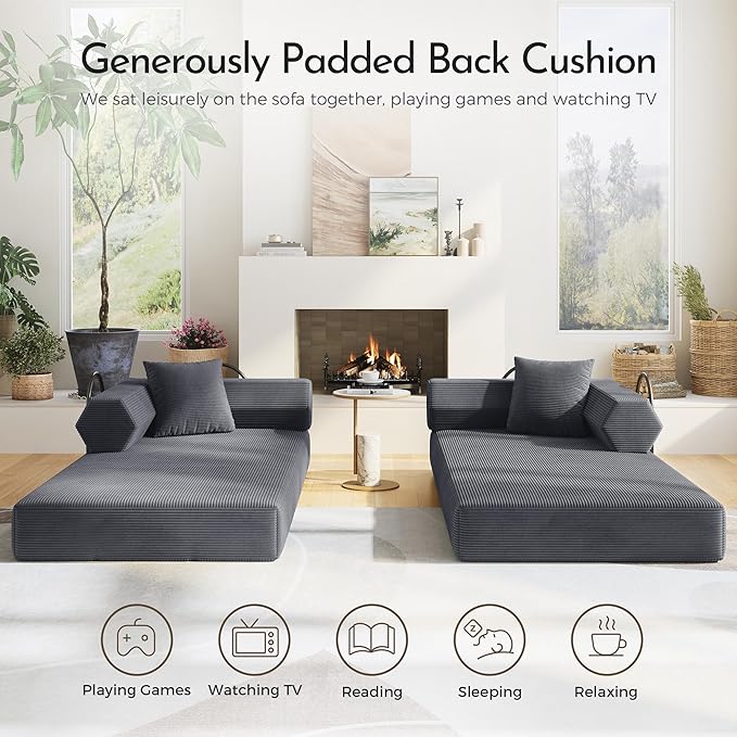 79'' Convertible Sofa Bed 5-in-1 Folding Sleeper Couch with Pull Out Bed Corduroy Modular Floor Sofa No Assembly Space Saving Guest Bed for Living Room Apartment Bedroom (Dark Gray1) | Convertible
