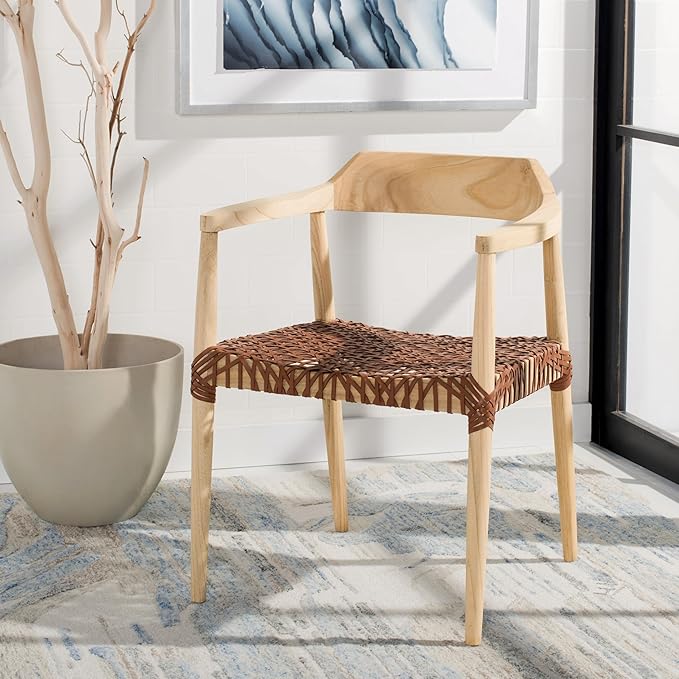 SAFAVIEH Home Collection Munro Natural Sungkai Wood/Light Honey Leather Woven Accent Chair (Fully Assembled)
