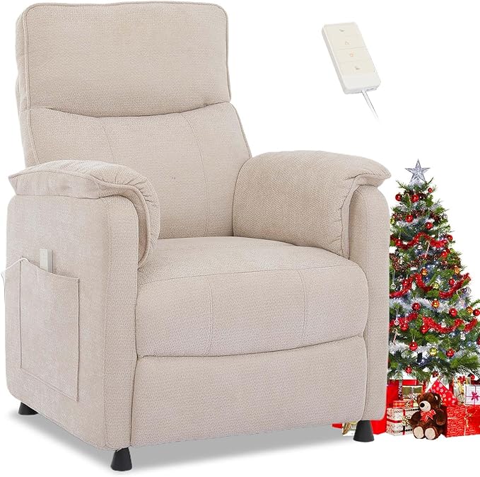 Electric Nursery Recliner Chair with Remote Control Beige Power Recliner Chairs with Side Pockets. Small RecinerChairs for Adults Mini Reclining Chair for Bedroom Living Room (Beige)