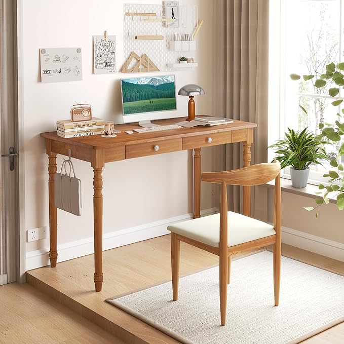 47 x 22 Inch Wooden Desk with Drawers -Simple Mid Century Modern Desk with 2 Hooks Solid Rubber Wood Study Table for Living Room Bedroom &amp Home Office Walnut Color