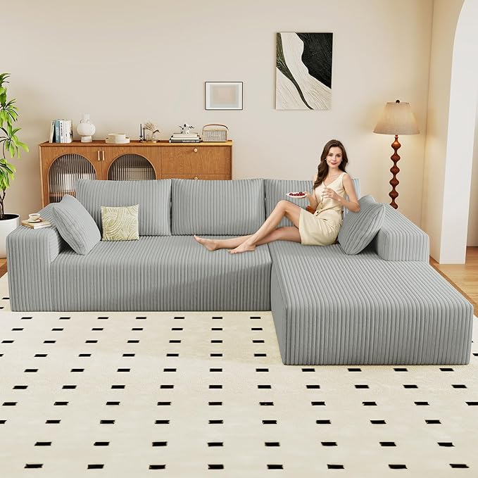 96 Modular Sectional Couch Boneless L Shaped Cloud Sofa with Chaise Lounge Corduroy Upholstered Couches Memory Foam Deep Seat No Assembly Required Ideal for Living Room(Light Gray Right Facing)