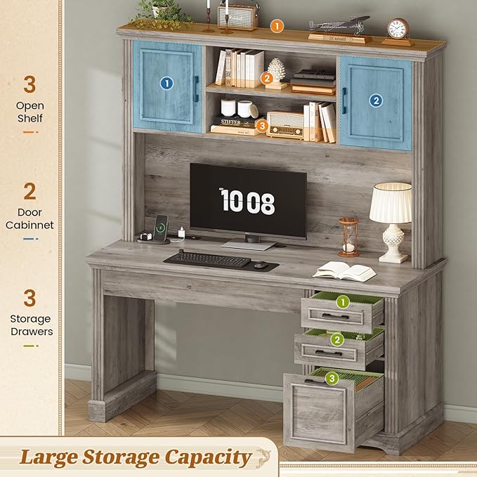 SEDETA Office Desk with 3 Drawers 47.2 Executive Computer Desk with Storage Drawers and Hutch Cabinet Wood Farmhouse Desk with Power Outlet for Home Office Grey