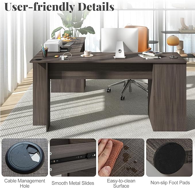 Giantex 66 L-Shaped Desk with Storage Drawers &amp Charging Station Spacious Corner Computer Desk with Keyboard Tray Adjustable Shelf Cabinet Huge Workspace Home Office Study Writing Desk (Grey