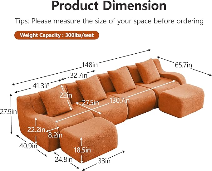 Modular Sectional Sofa for Living Room 148 U-Shaped Orange Boneless Cloud Couch with 2 Ottoman4-Seat Teddy Fabric Sofa Deep Seat Curved ArmrestStreamlined Ergonomic Design