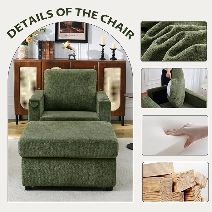 Modern Accent Chairs with Storage Ottoman Set Chenille Reading Armchair with Tray Table and Charging Ports Comfy Chaise Lounge Chair for Living Room Bedroom Reading Nook