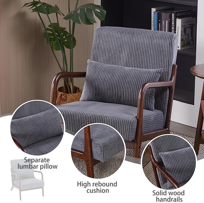 GDFStudio Aogex Accent Chair Upholstered Armchair Corduroy Club Chair Solid Wood Single Sofa Lounge with Armrest Comfort Seating with Lumbar Support for Reading Living Room Home Dark Gray+Walnut