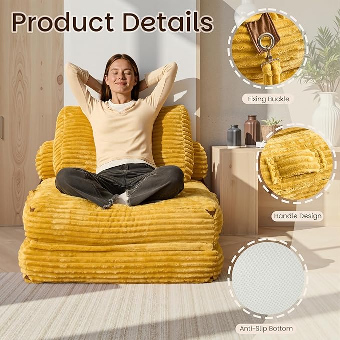 HOOOWOOO Folding Sofa BedConvertible Futon Sleeper Ottoman Pull Out Bed Single Couch 2 in 1 No AssemblyPortable 35.8 Boneless Corduroy Accent Chair Floor Chaise Lounge for Guest Room Studio(Yellow)