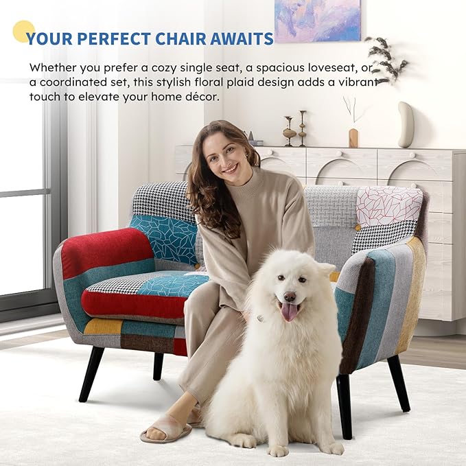 Bonzy Home Modern Boho Loveseat Couch Sofa Chair for Living Room Bedroom Upholstered Colorful Plaid Fabric 2-Seat Love Seat Sofa with Wood Leg for Small Space One Loveseat