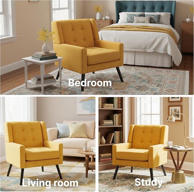 Mid-Century Modern Accent Chair Set of 2 Plush Linen Fabric with Button Tufted High Back &amp 5 Thick Cushion High Comfort Reading Chair for Living Room Bedroom Office (Yellow)