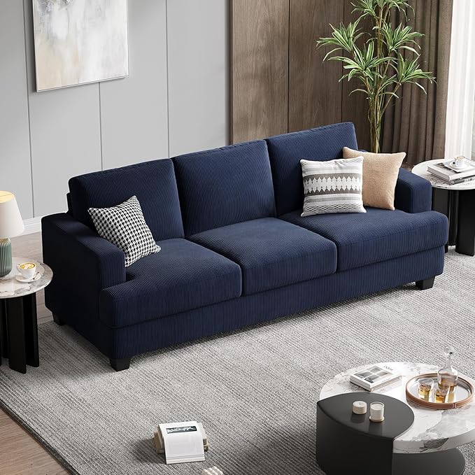 89 Inch Sofa with Extra Deep Seats Oversize 3 Seater Sofa for Living Room Modern Couch and Sofa Comfy Armrests and Seats and Backrests Easy Installation Corduroy Fabric Blue