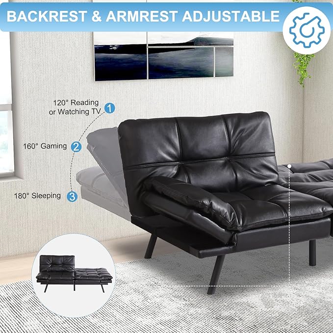 MUUEGM Futon Sofa Bed Couch Sofa Memory Foam Futon Sleeper Sofa Loveseat Convertible Couch Bed for Small Compact Spaces Apartment Black