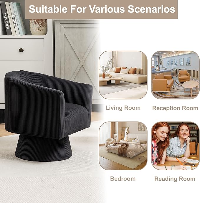 Swivel Accent Chair Modern 360° Barrel Chair Corduroy Upholstered Single Sofa for Living Room Bedroom(Black)