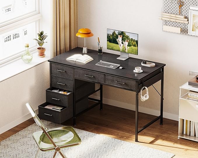 ODK Computer Desk with 6 Drawers 40 Inch Small Desk with Storage Reversible Desk with Headphone Hook for Home Office Work Study Table for Bedroom Black