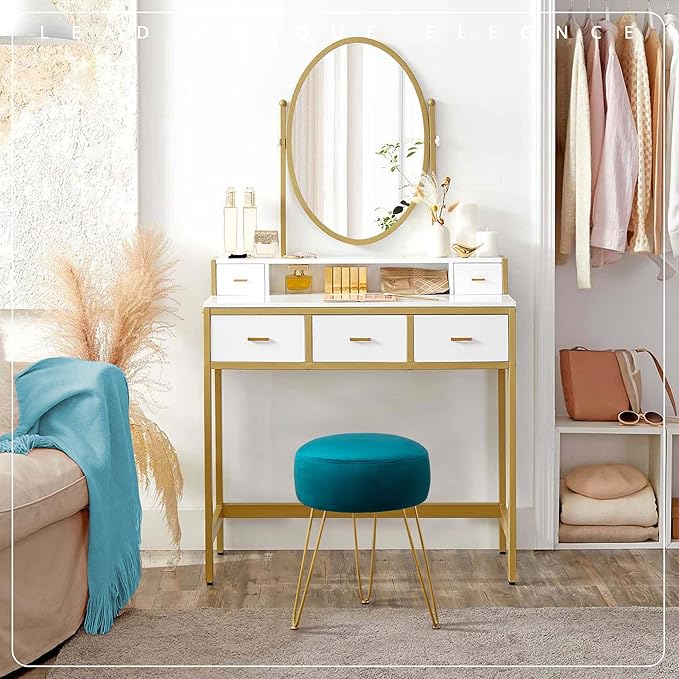 LUE BONA Vanity Stool Teal Vanity Stools for Makeup Room Round Ottoman Foot Stool Velvet Footrest Vanity Chair for Bathroom Vanity Bedroom Living Room Entryway Offices 300lbs