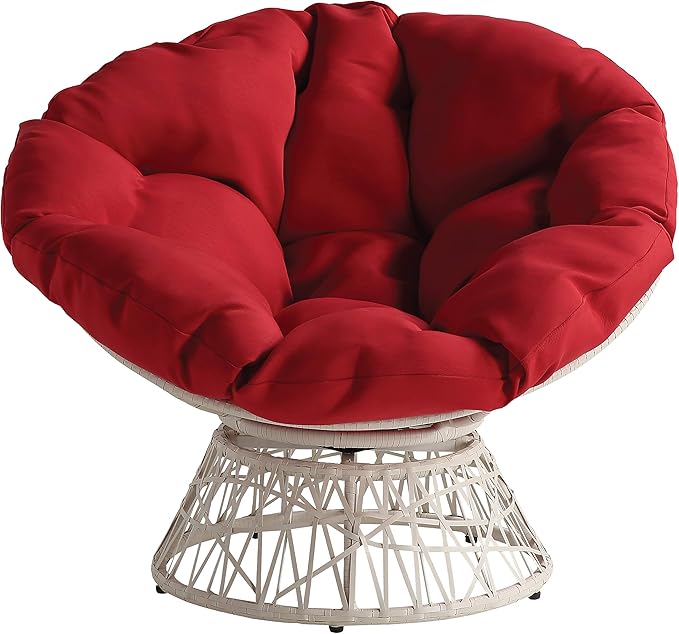 OSP Home Furnishings Wicker Papasan Chair with 360-Degree Swivel Cream Frame with Red Cushion