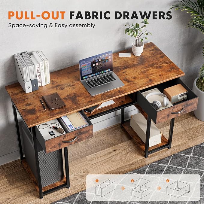 47 Inch Computer Desk with 2 Drawers Home Office Desk with Wooden Shelves Study Writing PC Table for Small Spaces Bedroom Dorm or Living Room Rust