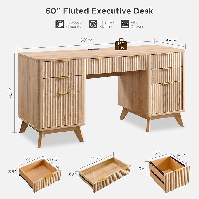T4TREAM 60'' Fluted Executive Desk with Drawers Modern Home Office Computer Desk with Charging Station Keyboard Tray File Drawer and Storage Cabinet for Study Living Room Bedroom Natural Oak