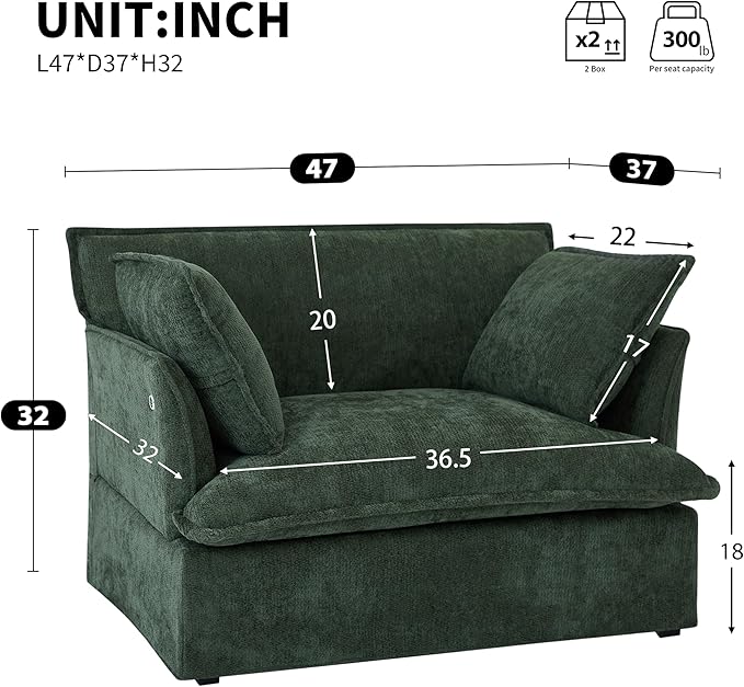 47.2 Oversized Accent Chair with Dual-Port Charging Modern Design Base&ampArmrest Throw Pillows Deep and Wide Seat Cloud-Like Comfy Single Sofa Chenille Armchair for Living Room&ampApartment