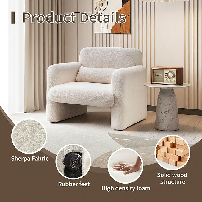 33.86 Accent Chairs Modern Sherpa Fabric Armed Chair Comfy Upholstered Armchair Leisure Single Sofa Chair with a Waist Pillow for Bedroom Office and Living Room