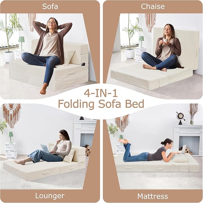 Folding Sofa Bed 4 in 1 Convertible Sleeper Chair with Pillow Twin Memory Foam Fold Out Chair Bed Modern Floor Futon Sofa Couch Mattress for Living Room/Guest/Apartment Beige | Fold out chair bed