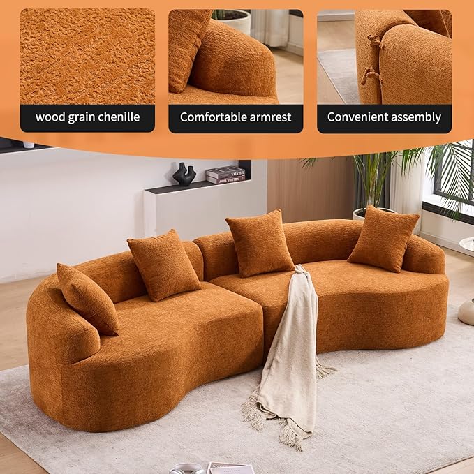 KEIKI Curved Chenille Modular Sectional Couches with Pillows 4 Seater Oversized Upholstered Luxury Plush Cloud Sofa for Living Room Apartment Full Compression Sponge