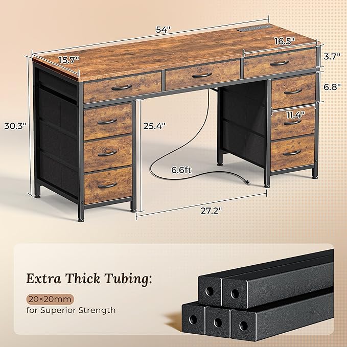 PRAISUN 54 Inch Office Desk with Outlets Computer Desk with 9 Fabric Drawers Writing Gaming Work Study Desk for Bedroom Living Room Home Office Large Storage Rustic Brown