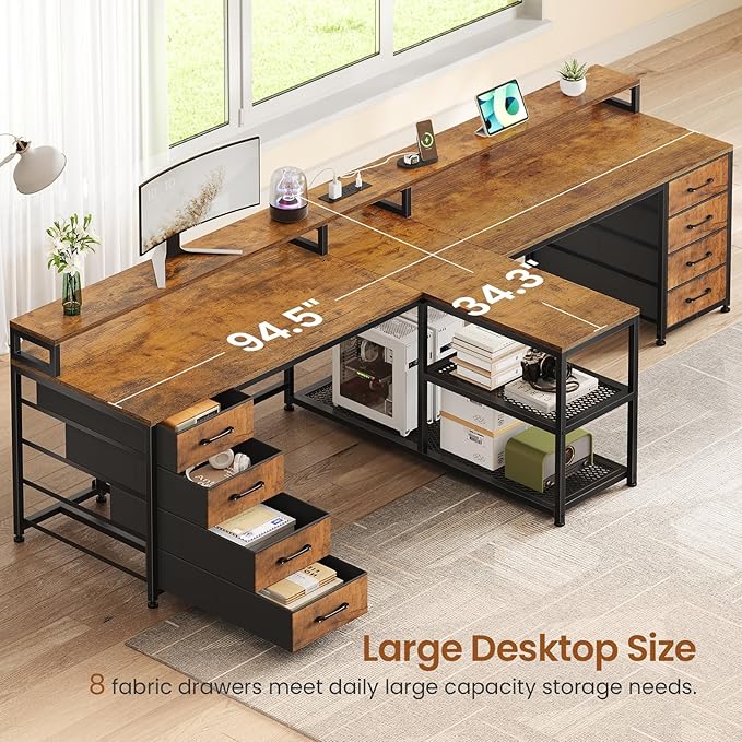 SEDETA 94.5 2 Person Gaming Desk Long Office Computer Desk with 8 Drawers &amp LED Lights Two Person Desk with Storage Power Strip &amp Monitor Stand for Home Office Rustic Brown